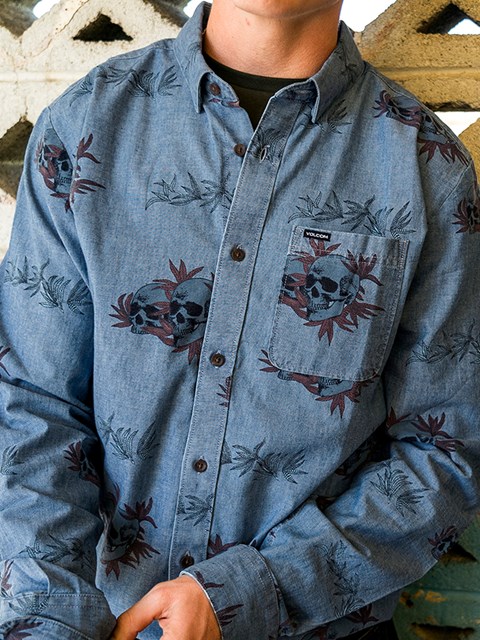 Volcom Rise And Stone Long Sleeve Shirt Chambray | 098574-DLN